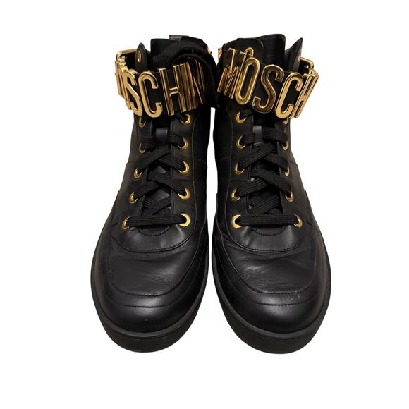 Moschino Black Leather High Top Boots Gold Logo Chain Lace Up Sneakers main image 5